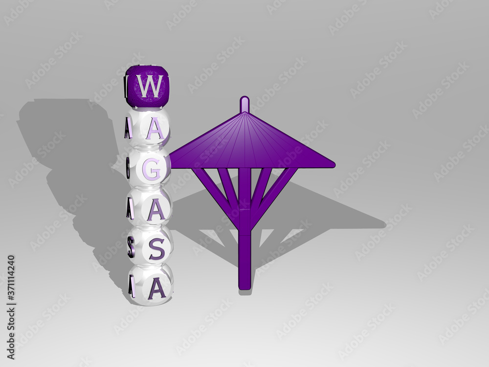 Poster 3d representation of wagasa with icon on the wall and text arranged by metallic cubic letters on a m