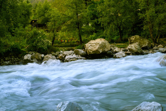 Mountain river in the forest, Parvati River flows through the forest with strong currents, Kasol, Himachal Pradesh India.