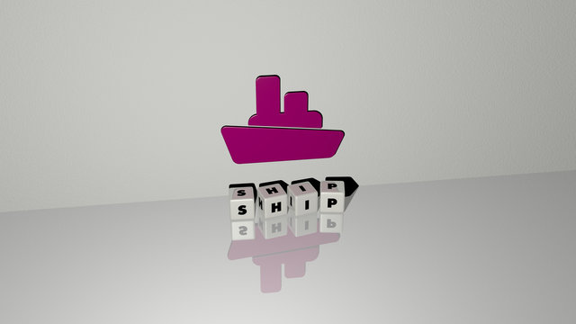 ship text of cubic dice letters on the floor and 3D icon on the wall - 3D illustration for boat and cruise