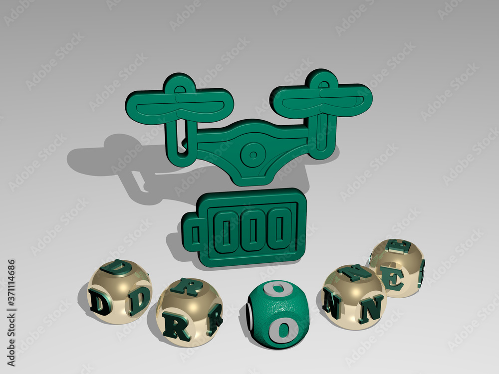 Poster drone round text of cubic letters around 3d icon - 3d illustration for aerial and view