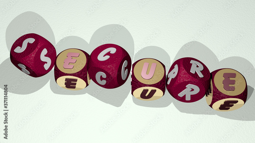 Poster secure text by dancing dice letters - 3d illustration for icon and security