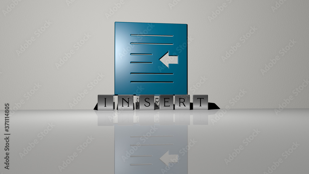 Poster insert text of cubic dice letters on the floor and 3d icon on the wall - 3d illustration for backgro