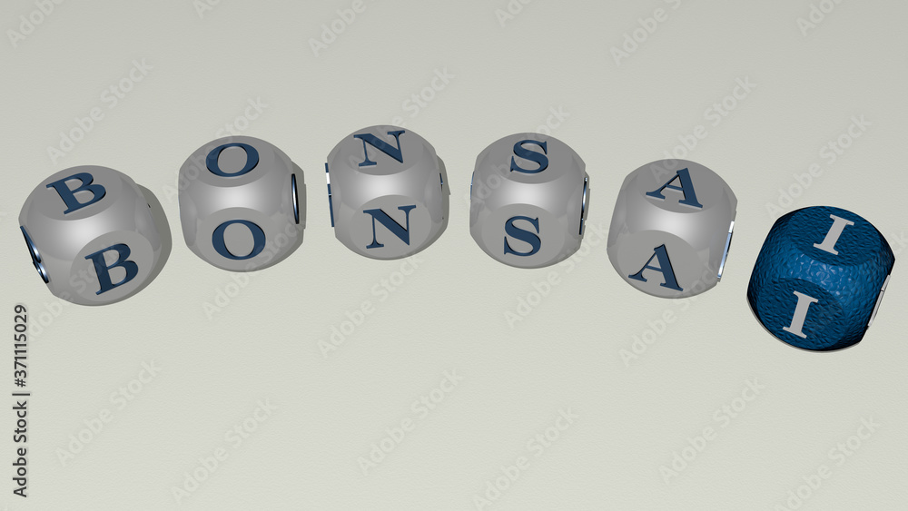 Poster bonsai curved text of cubic dice letters - 3d illustration for tree and background