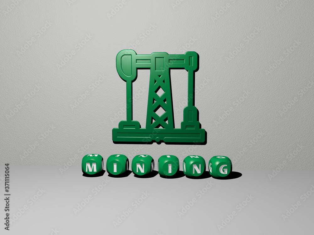 Poster mining 3d icon on the wall and text of cubic alphabets on the floor - 3d illustration for background