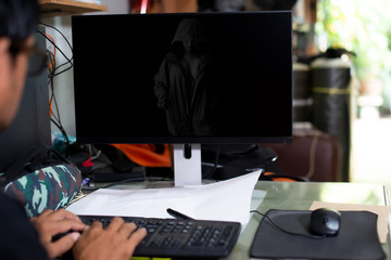 Women in robes pop up on In a computer monitor, The concept of identity theft in the internet