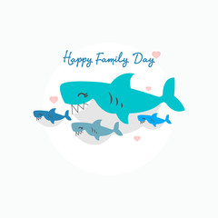 Happy shark family. Cute animal character.