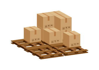 pile crate boxes 3d on wooden pallet, wood pallet with cardboard box in factory warehouse storage, cardboard parcel boxes stack of warehouse factory, packaging cargo, boxes brown isolated on white