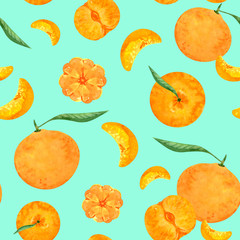 Watercolor mandarin or tangerine orange citrus fruit seamless pattern on mint color background
