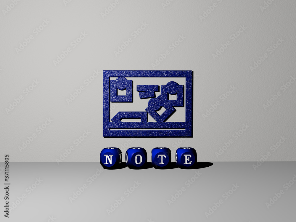 Poster 3d representation of note with icon on the wall and text arranged by metallic cubic letters on a mir