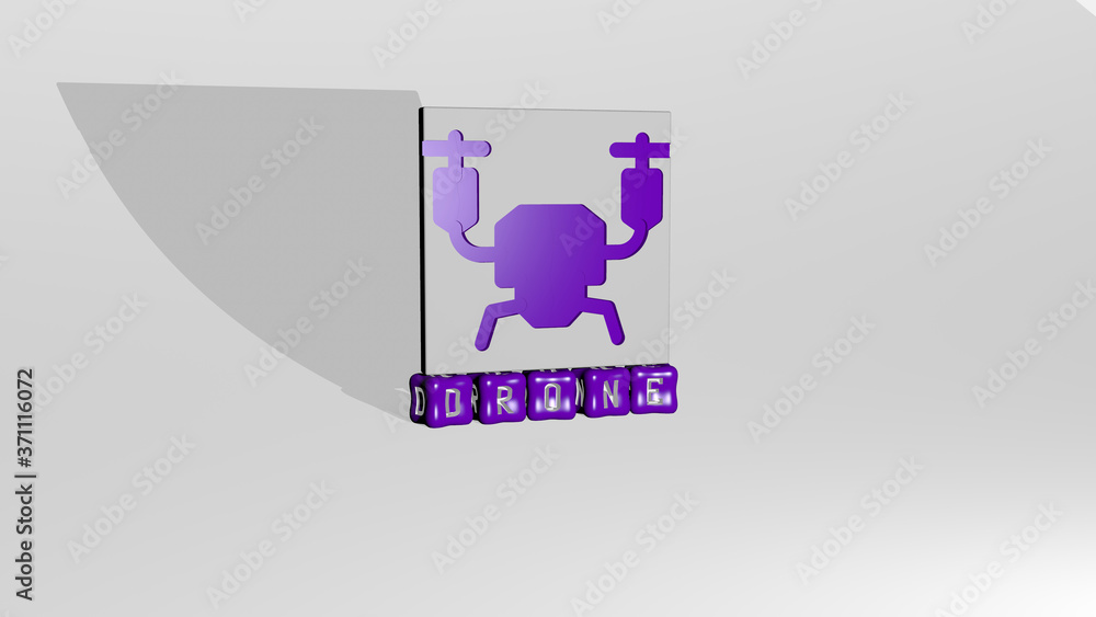 Poster 3D representation of drone with icon on the wall and text arranged by metallic cubic letters on a mirror floor for concept meaning and slideshow presentation for aerial and view