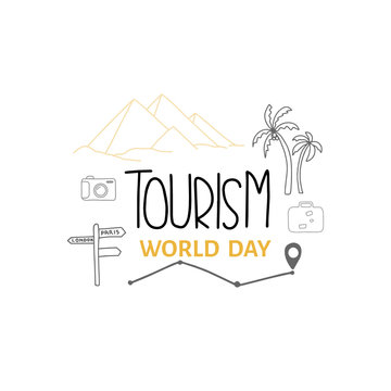 Vector illustration on the theme of World Tourism Day on September 27. Decorated with a handwritten inscription and outline illustrations.
