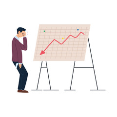 businessman cartoon with headache with decrease arrow on board vector design