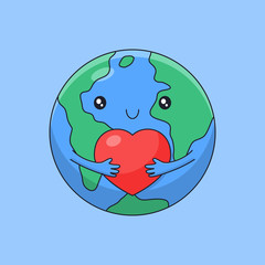 Cute cartoon earth hugging little love for world heart day vector outline style