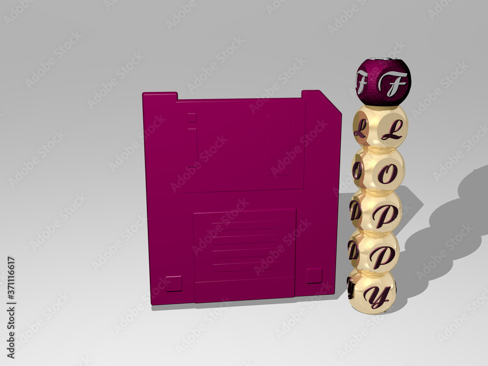 Poster floppy 3d icon beside the vertical text of individual letters - 3d illustration for disk and compute