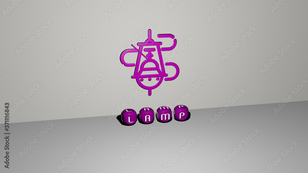 Poster lamp 3d icon on the wall and text of cubic alphabets on the floor - 3d illustration for background a