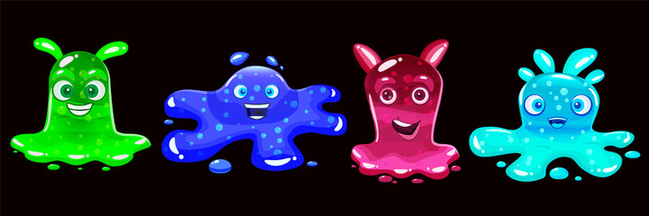 Set Slime jelli monsters characters, liquid green red cyan blue creatures