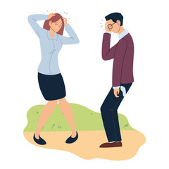 Businessman and businesswoman cartoons with headache vector design