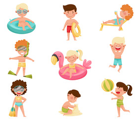 Children Characters at Sea Shore Playing in Sand, Sunbathing and Swimming in Water Vector Illustrations Set