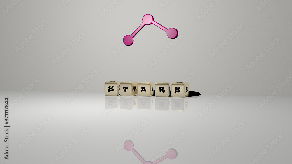 Poster stars text of cubic dice letters on the floor and 3d icon on the wall - 3d illustration for backgrou