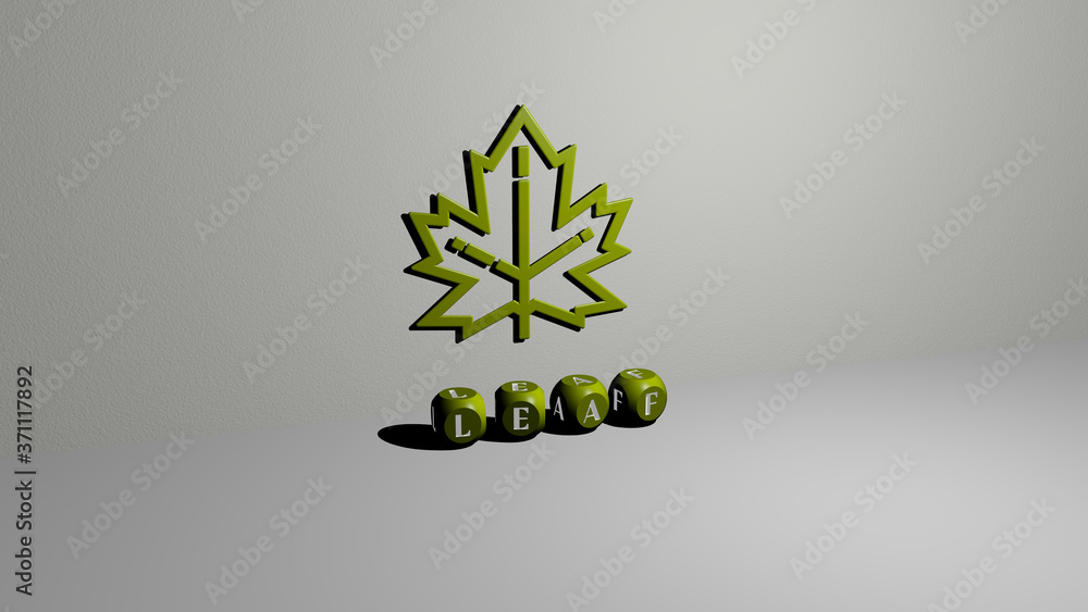 Poster leaf 3d icon on the wall and text of cubic alphabets on the floor - 3d illustration for background a