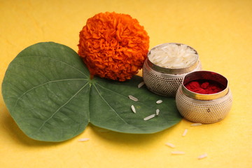 Happy Dussehra greeting card , green leaf,Rie and kumkum