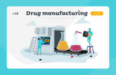 Medical Drugs Production Landing Page Template. Pharmaceutical Industry, Pharmacist Characters Drip Liquid in Beakers