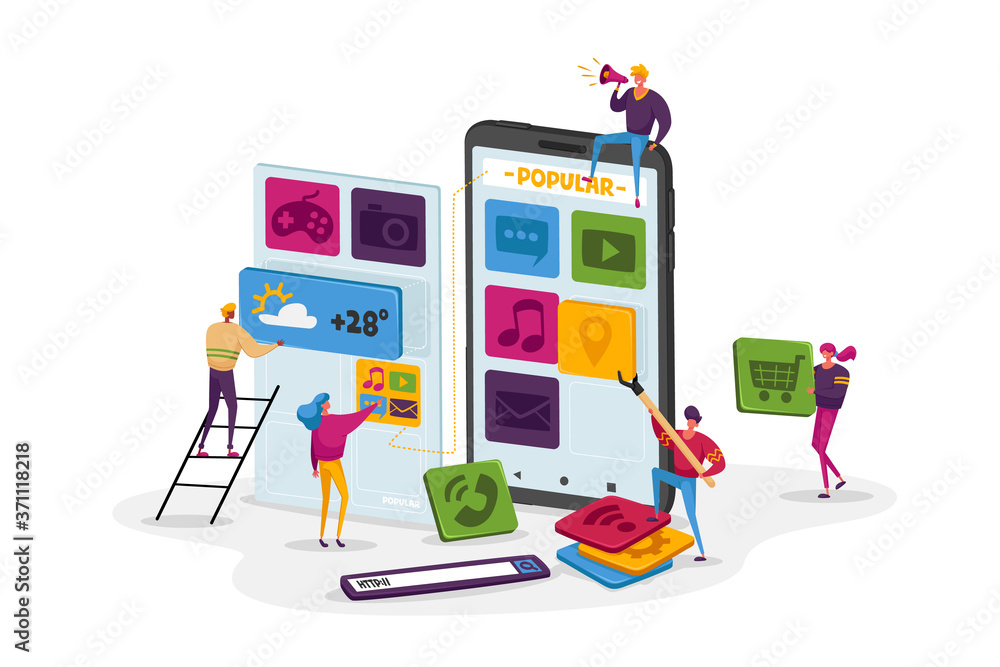 Aufkleber tiny characters team work at huge smartphone put app icons on screen. designers create application f