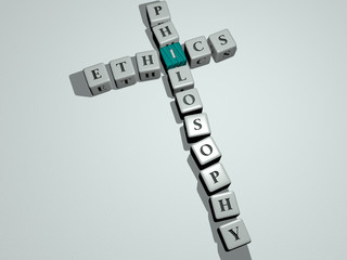 ETHICS PHILOSOPHY crossword by cubic dice letters - 3D illustration for concept and business
