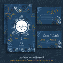 Fototapeta na wymiar Wedding cards template. Hand drawn floral elements with inscriptions