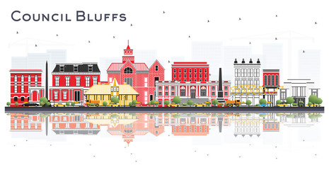 Council Bluffs Iowa Skyline with Color Buildings and Reflections Isolated on White Background.