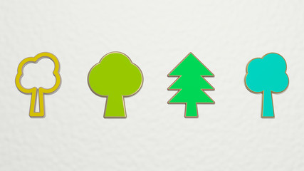 plain tree 4 icons set - 3D illustration