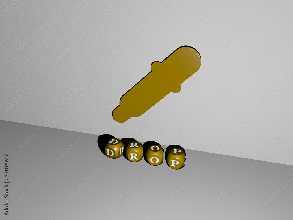 Poster drop 3d icon on the wall and text of cubic alphabets on the floor - 3d illustration for background a