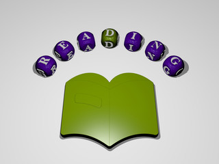 READING icon surrounded by the text of individual letters - 3D illustration for book and education