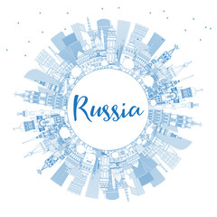 Outline Russia City Skyline with Blue Buildings and Copy Space.