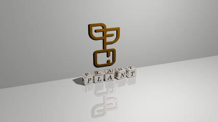 plant text of cubic dice letters on the floor and 3D icon on the wall - 3D illustration for background and green