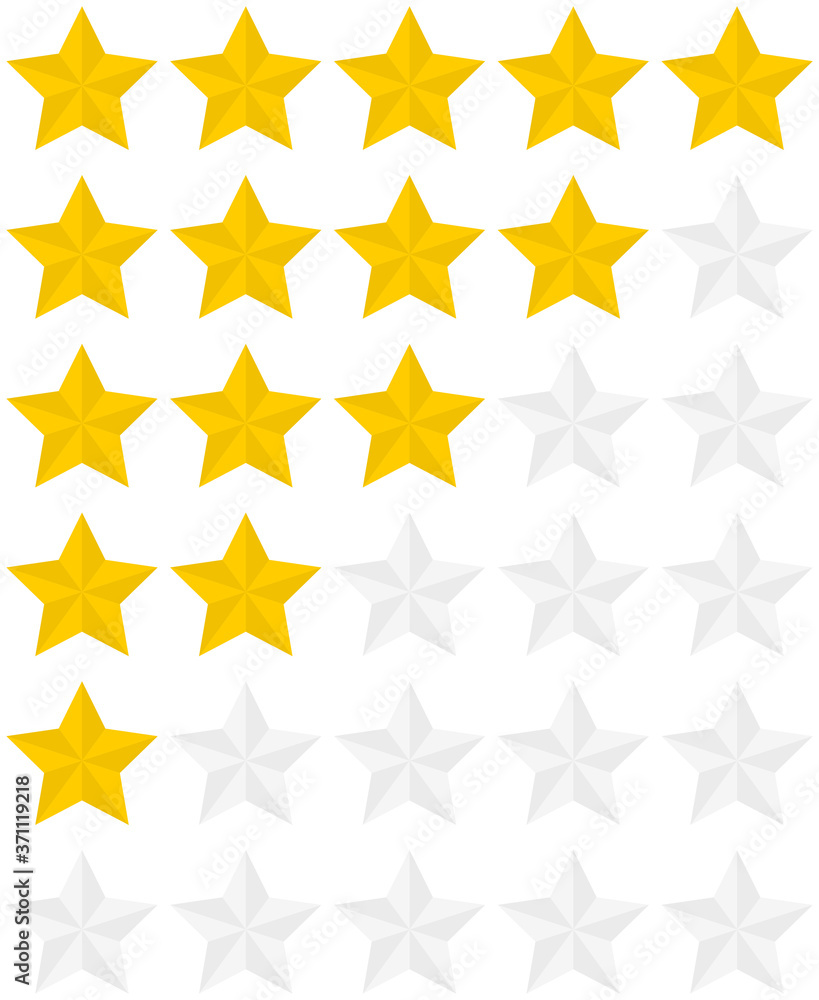 Poster Set of 5 flat geometric star rating icons isolated on a white background. EPS10 vector file