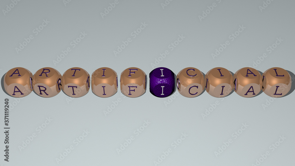 Poster artificial text by cubic dice letters - 3d illustration for background and concept