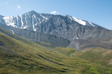 Snow-covered Altai mountains and green meadows in summer, the Altai Republic, Russian Federation