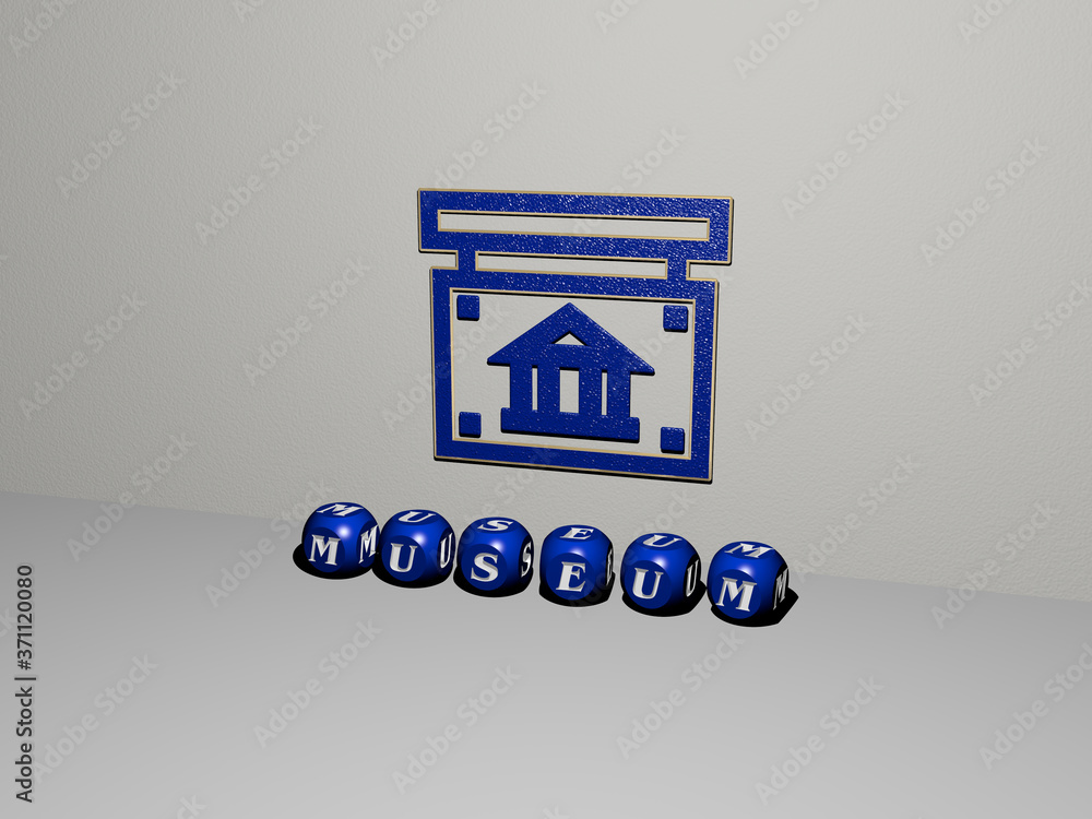 Poster 3d representation of museum with icon on the wall and text arranged by metallic cubic letters on a m