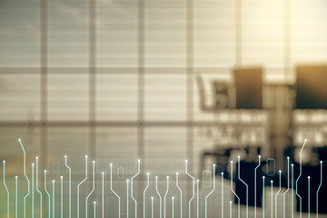 Double exposure of abstract virtual circuit hologram on a modern meeting room background. Research...