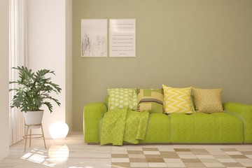 White stylish minimalist room with green sofa. Scandinavian interior design. 3D illustration