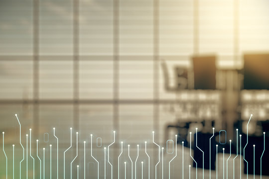 Double exposure of abstract virtual circuit hologram on a modern meeting room background. Research and development hardware concept