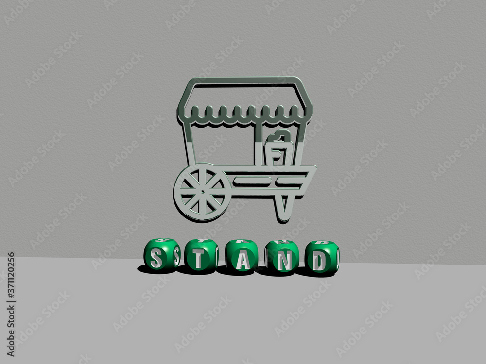 Poster 3d representation of stand with icon on the wall and text arranged by metallic cubic letters on a mi