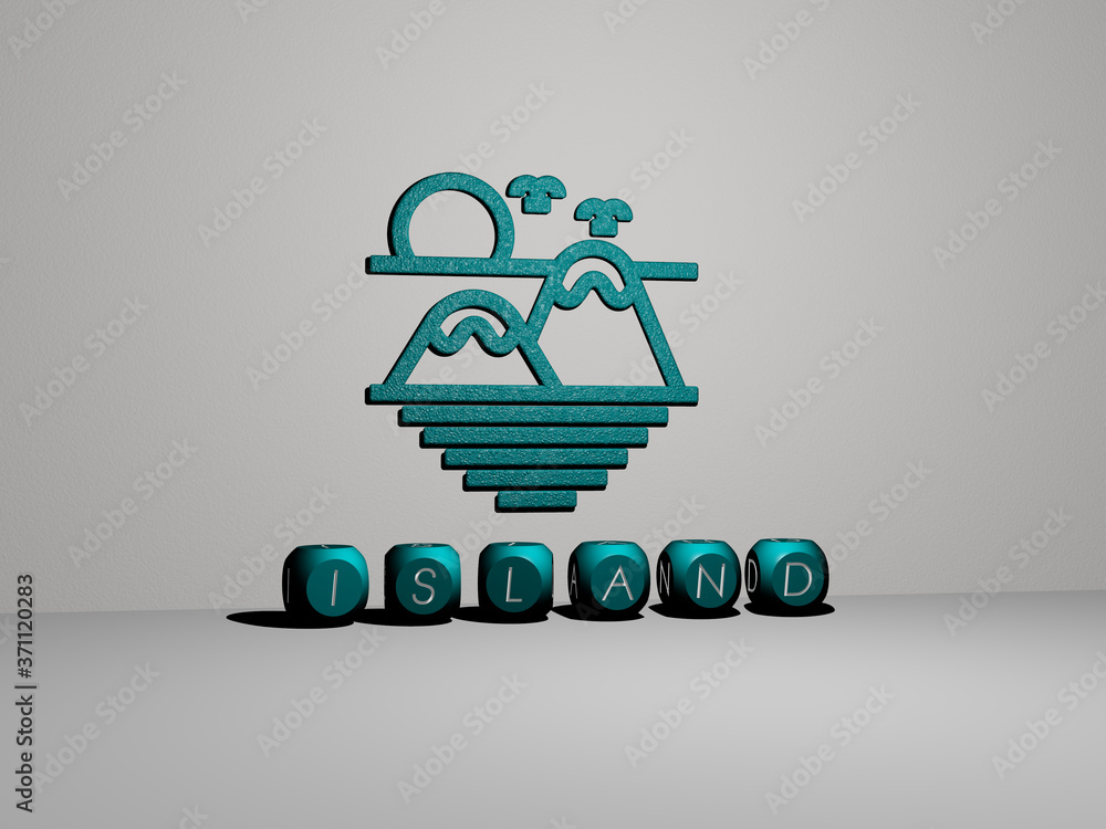 Poster 3d representation of island with icon on the wall and text arranged by metallic cubic letters on a m