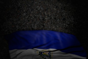 wonderful any feast flag 3d illustration. - dark picture of El Salvador flag with big folds on dark asphalt with empty place for content