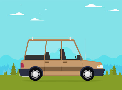 Vector illustration of a travel car with luggage isolated on color background