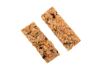 Granola bar. Healthy sweet dessert snack. On a white background.