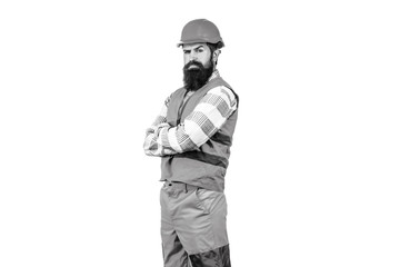 Man builders, industry. Architect builder. Builder in hard hat, foreman or repairman in the helmet....