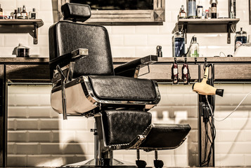 Barbershop interior. Barber shop chair. Barbershop armchair, modern hairdresser and hair salon,...