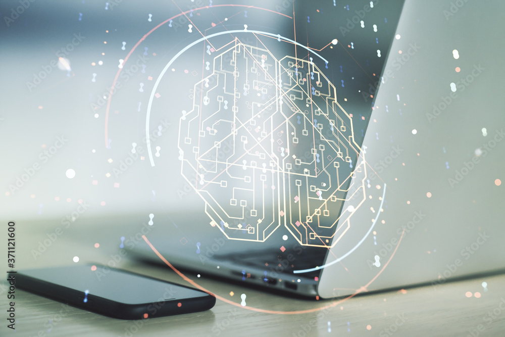 Poster double exposure of creative human brain microcircuit with computer on background. future technology 